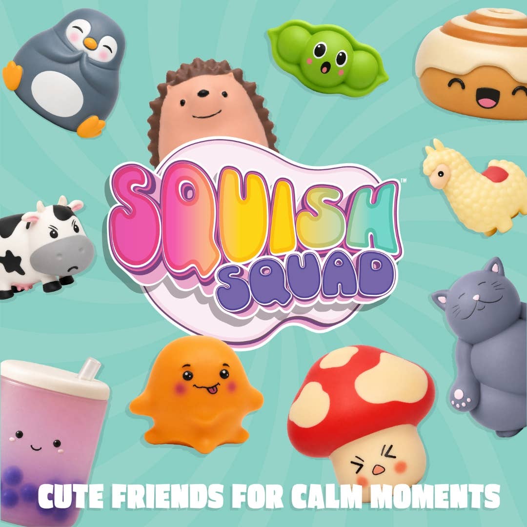 Squish Squad toys with colorful branding on a light blue background