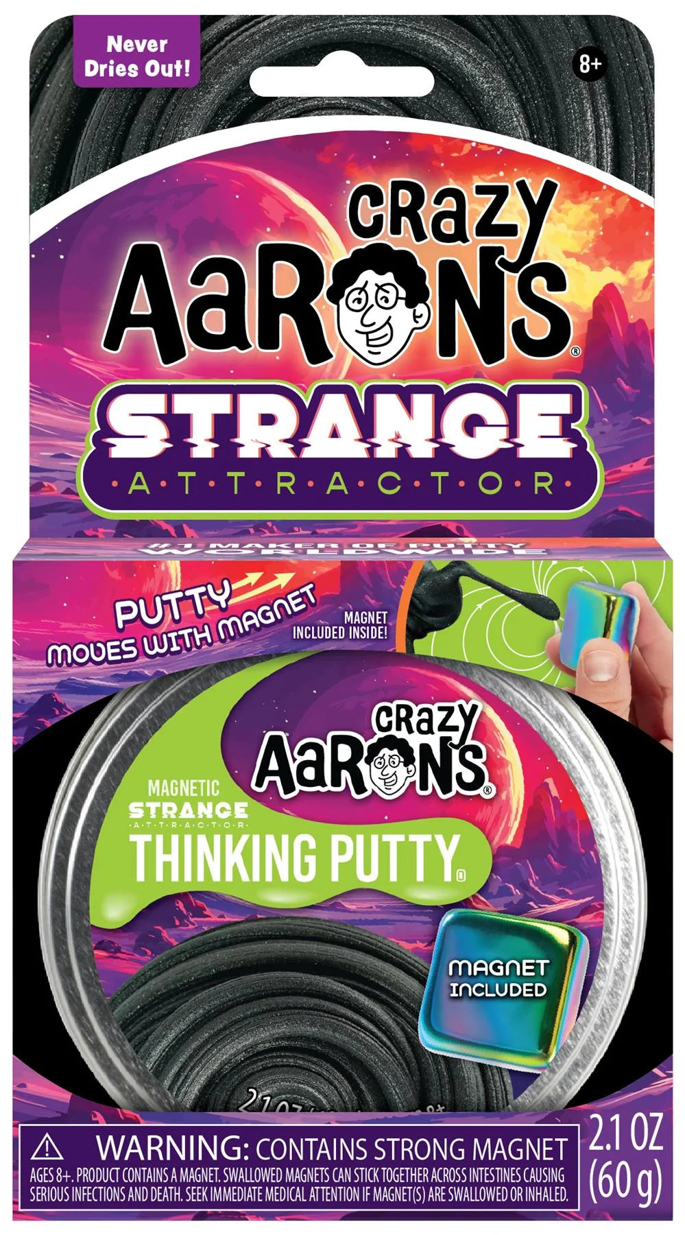 Crazy Aaron's Strange Attractor magnetic thinking putty tin packaging with included magnet