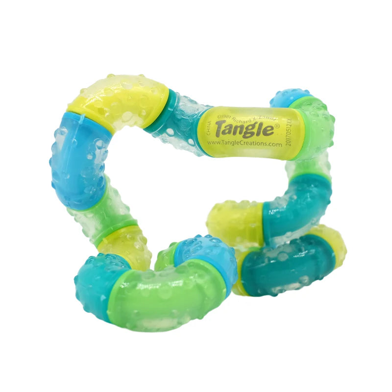 Green and blue textured ring toy with 'Tangle' branding on a white background