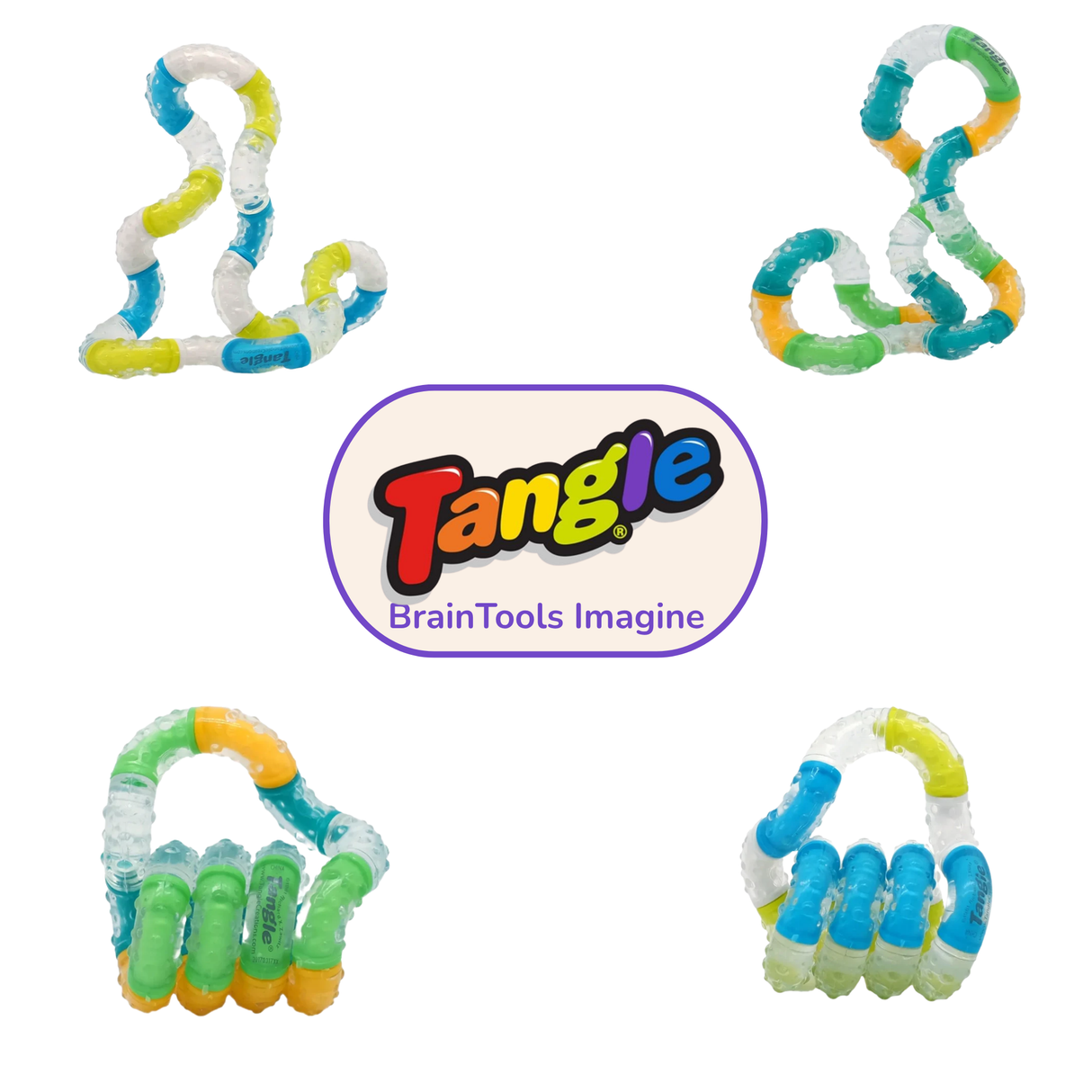 Colorful Tangle toy with the Tangle logo on a white background