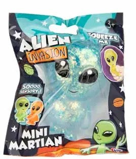 Blue glitter Mini Martian squeeze toy in Alien Invasion space-themed polybag packaging