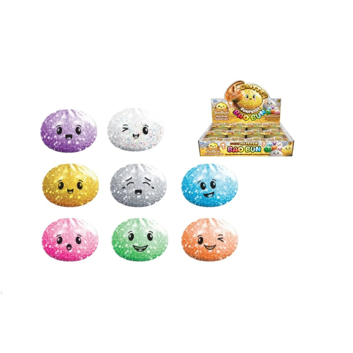 Eight glitter bao bun squishy toy characters, colourful mystery sensory fidget toys with faces