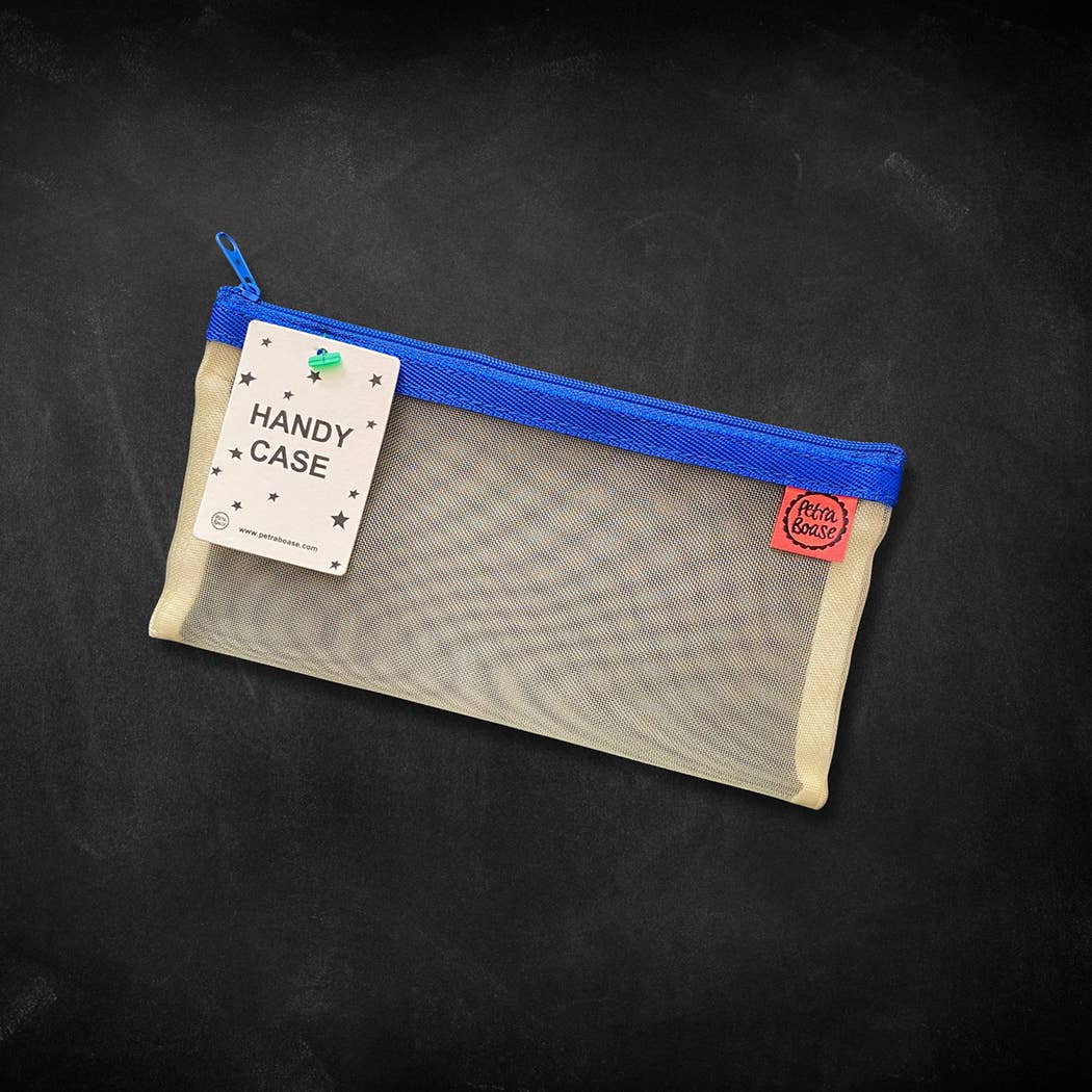 beige mesh handy case with blue zipper and red petta house label