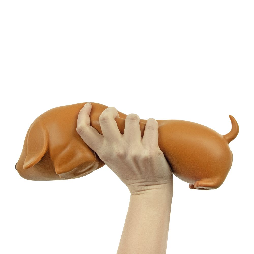 Hand squeezing the Big Squij Dachshund jumbo slow-rise squishy sausage dog toy