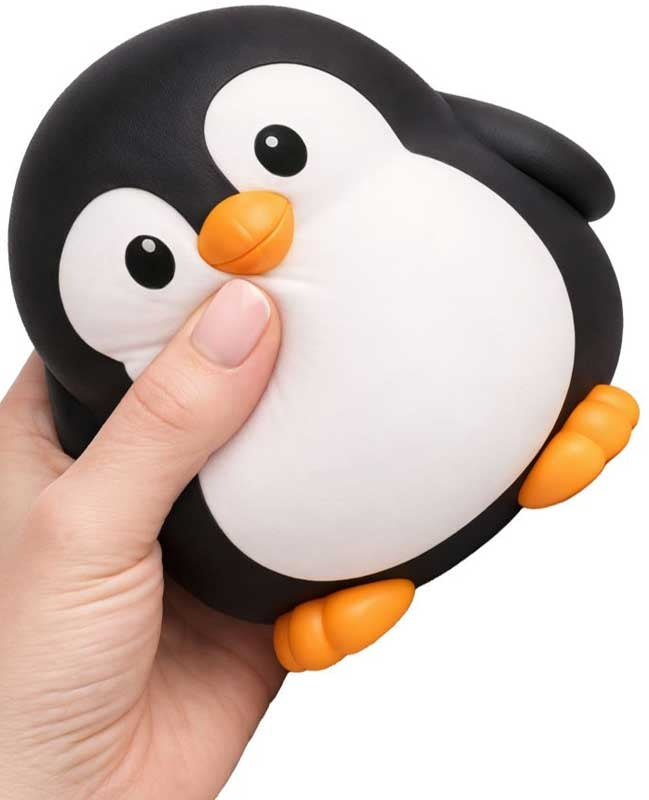 Hand squeezing the soft cheek of The Big Squij jumbo penguin squishy toy