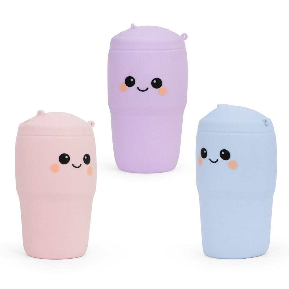 Three Big Squij Tumbler squishy toys together in pink, lilac and blue colourways