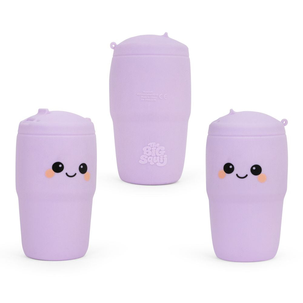 Lilac Big Squij Tumbler squishy toy shown from front, back and side angles