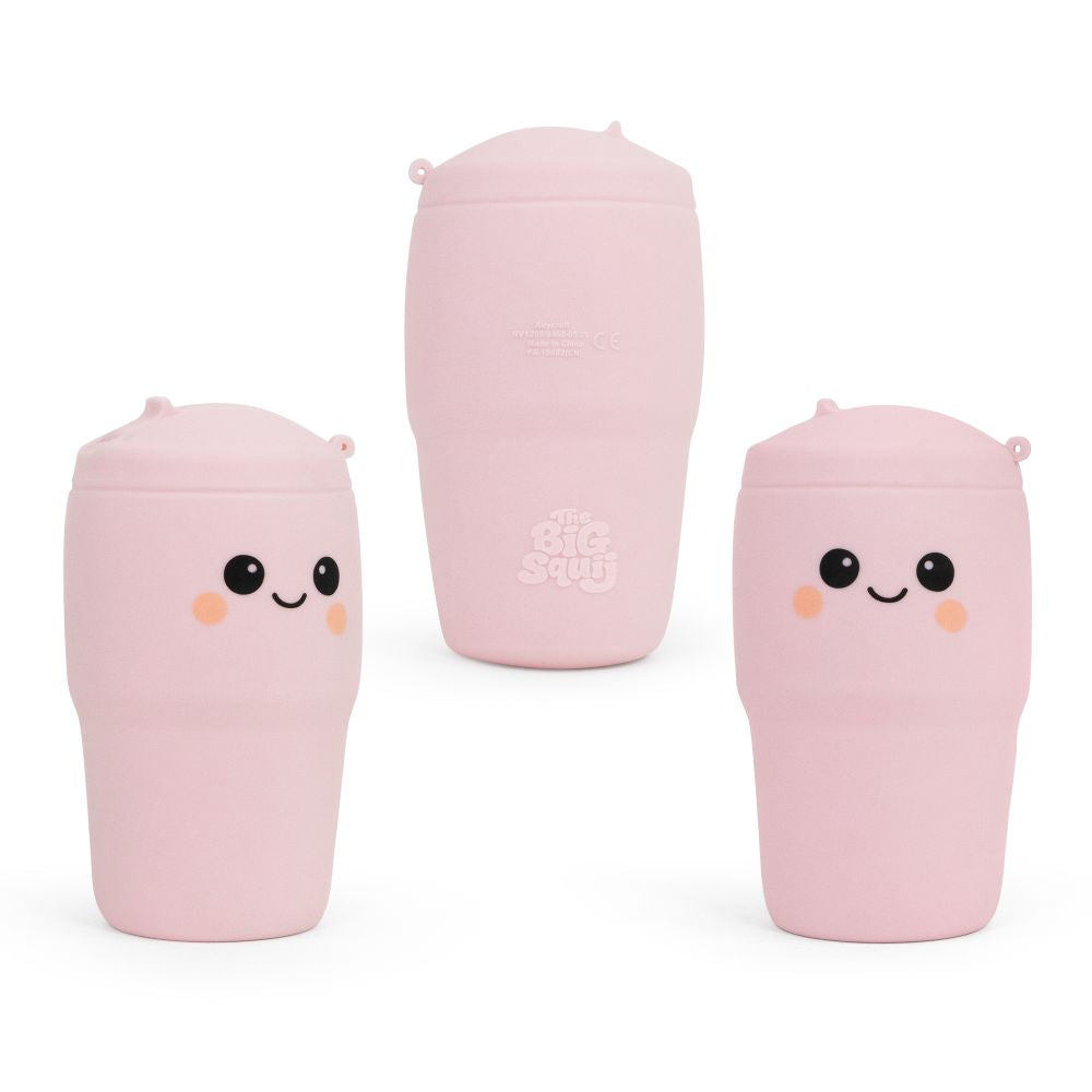 Pink Big Squij Tumbler squishy toy shown from front, back and side angles