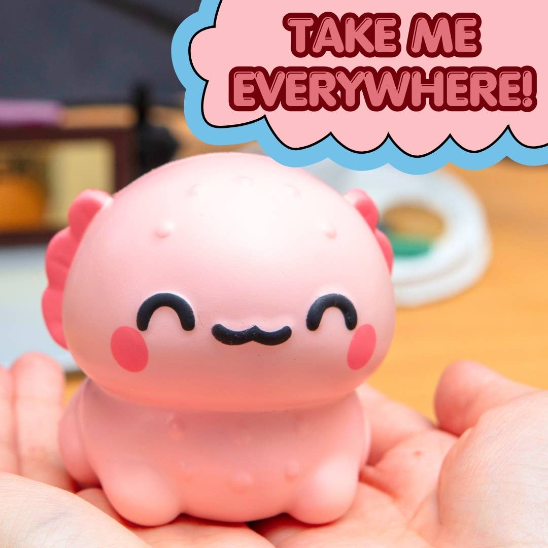 A pink, cute, cartoon-like squishy toy with a smiling face and small horns, being held in two hands. A pink cloud-shaped graphic overlay at the top reads 'TAKE ME EVERYWHERE!' in red letters with a blue border.