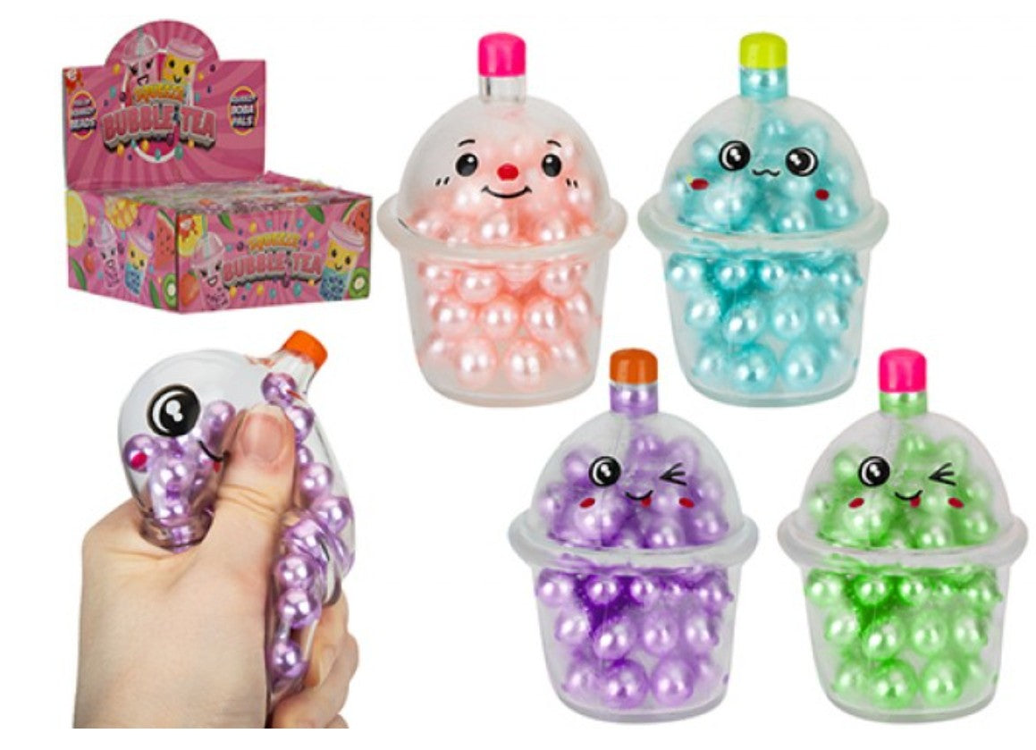 Four bubble tea bead squish toys in pink · blue · purple and green with display box