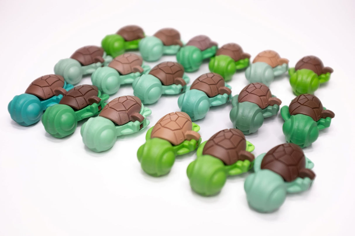 Calm Buddi Turtle sensory fidget toys, green and brown Nature colourway, bulk display