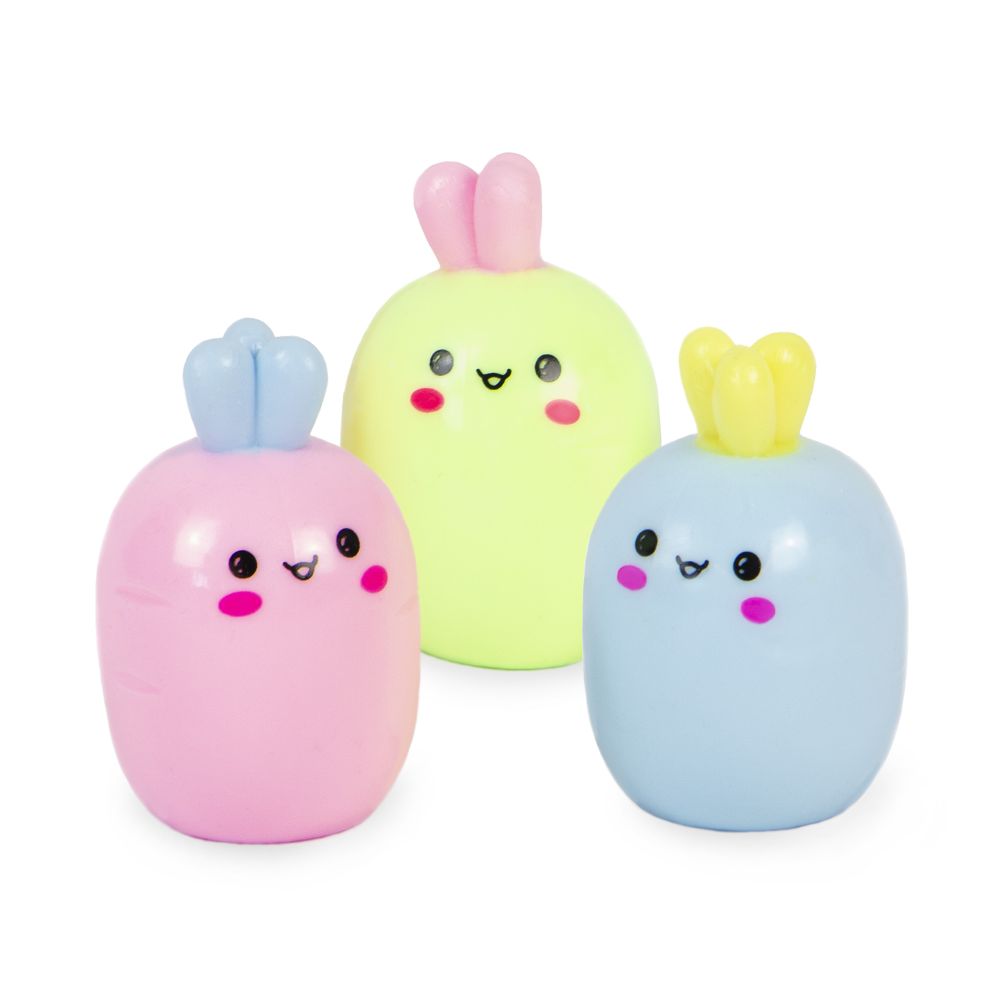 Three Candy Carrot Squishy toys in pink, green and blue