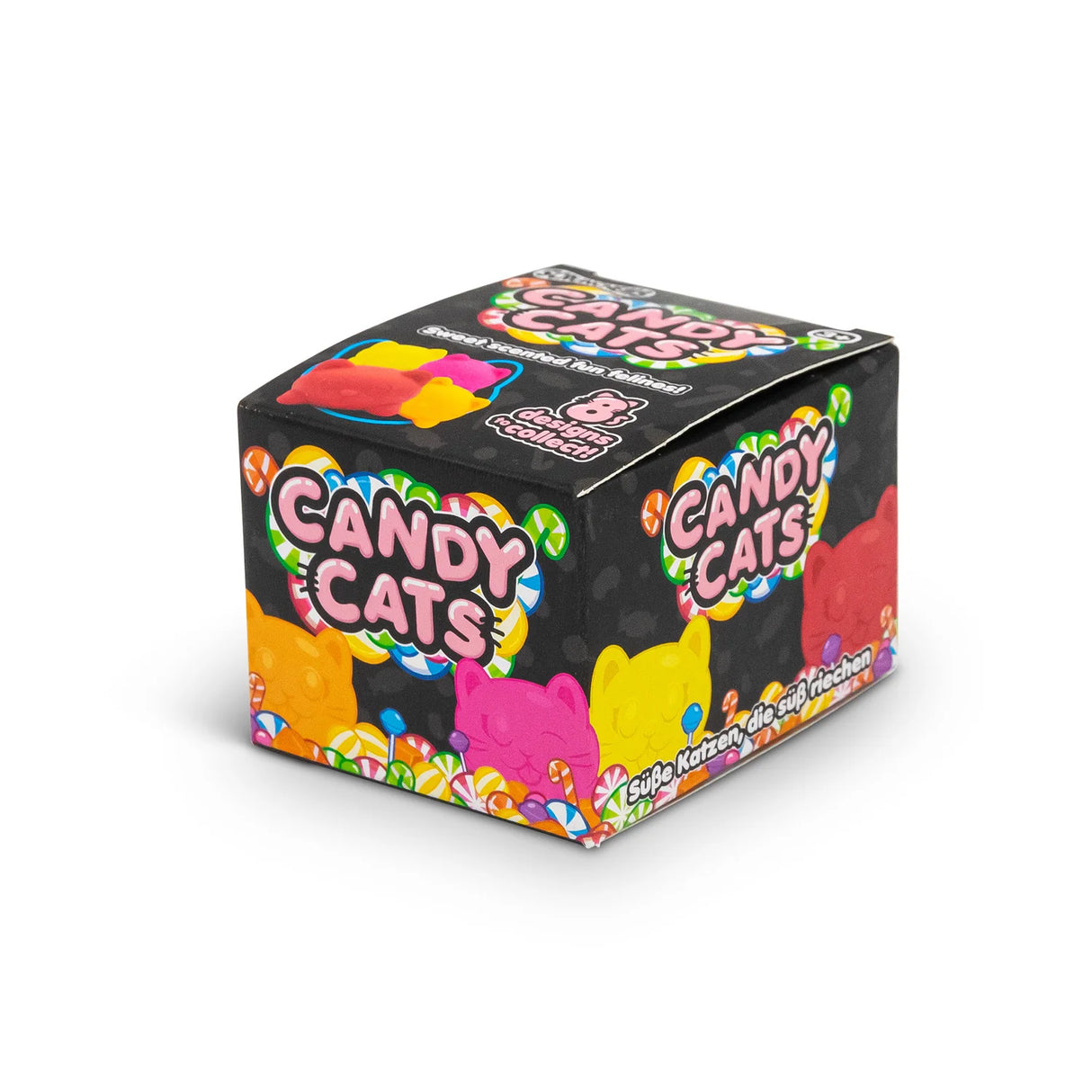 Single black Candy Cats branded box packaging showing the branding and candy design