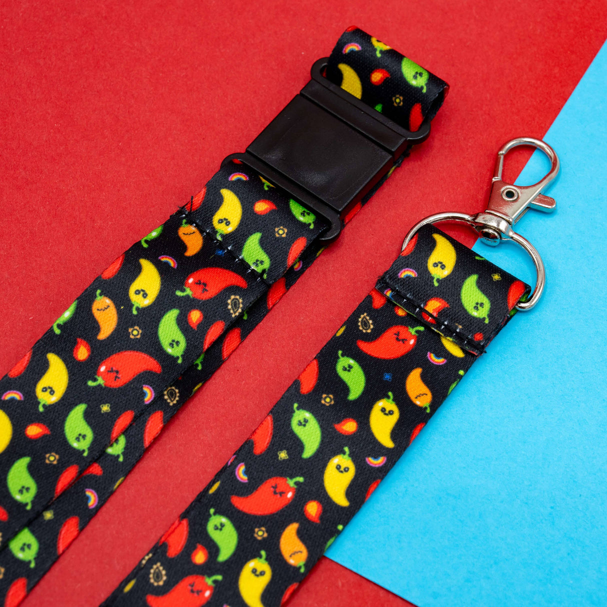 black chili pepper lanyard with black buckle and silver clasp