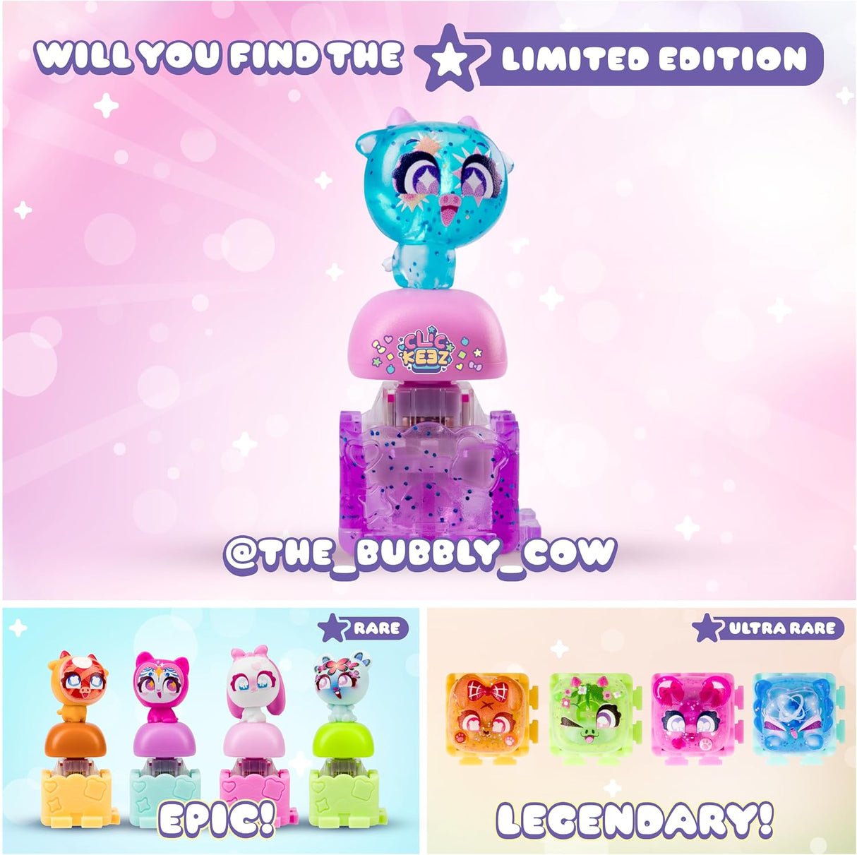A promotional collage for a limited edition collectible toy. The main image shows a blue cat-shaped bubble toy on top of a pink and purple bubbly base, with text reading 'WILL YOU FIND THE LIMITED EDITION'.