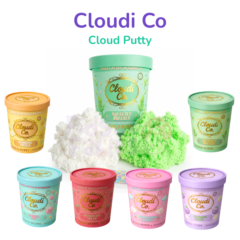 All six Cloudi Co Cloud Putty scented sensory putty tubs shown together