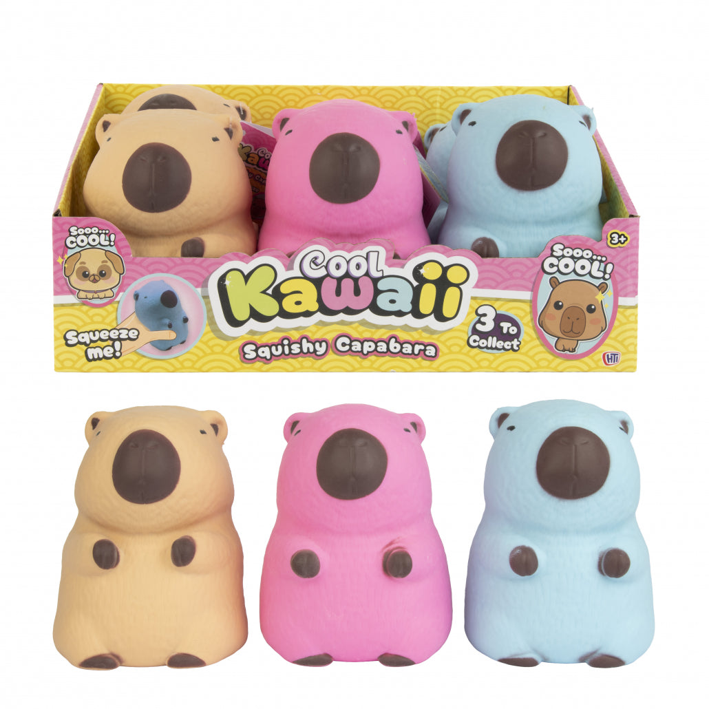 Three squishy capabara toys in yellow, pink, and blue packaging with 'Cool Kawaii' branding.