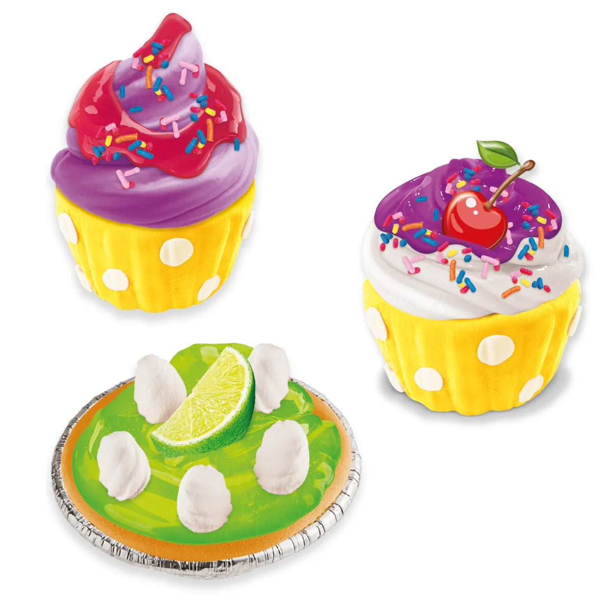 Finished Cra-Z-Slimy Sweet Bakery slime cupcakes and key lime pie creations