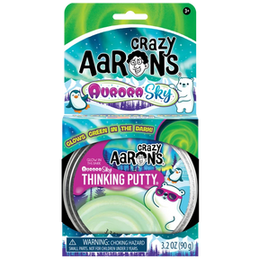 Crazy Aaron's Aurora Sky Thinking Putty tin packaging showing glow in the dark green putty