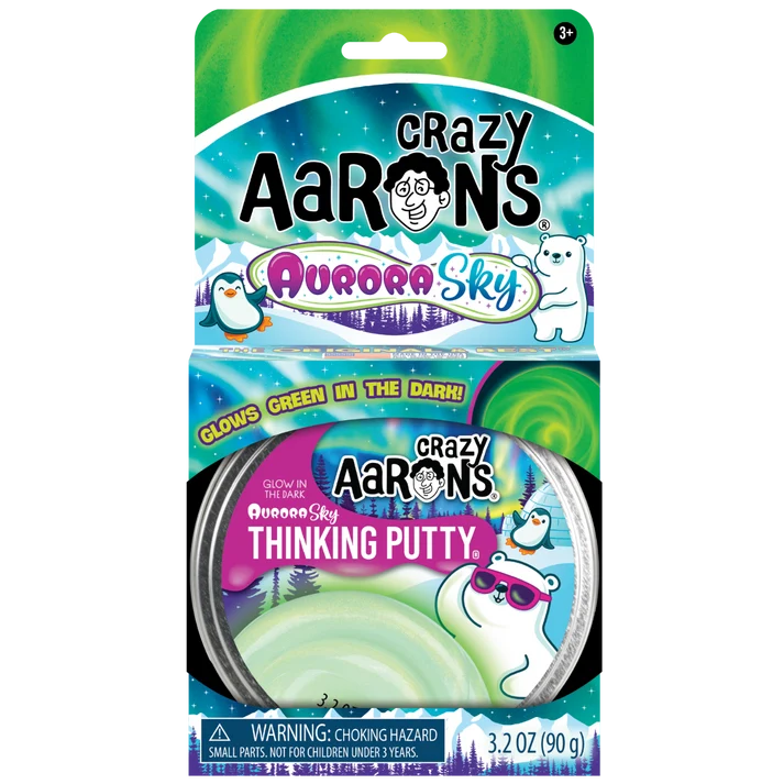 Crazy Aaron's Aurora Sky Thinking Putty tin packaging showing glow in the dark green putty