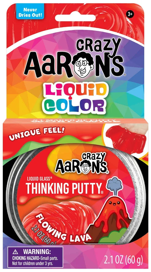 Crazy Aaron's Flowing Lava Liquid Glass Thinking Putty tin packaging showing red glossy putty