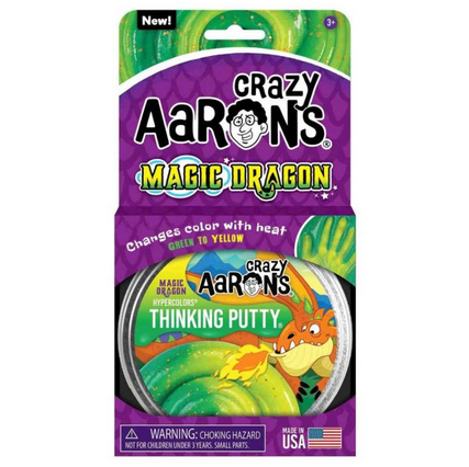 Crazy Aaron's Magic Dragon Hypercolour Thinking Putty in dragon-themed packaging showing green and yellow colour-changing putty