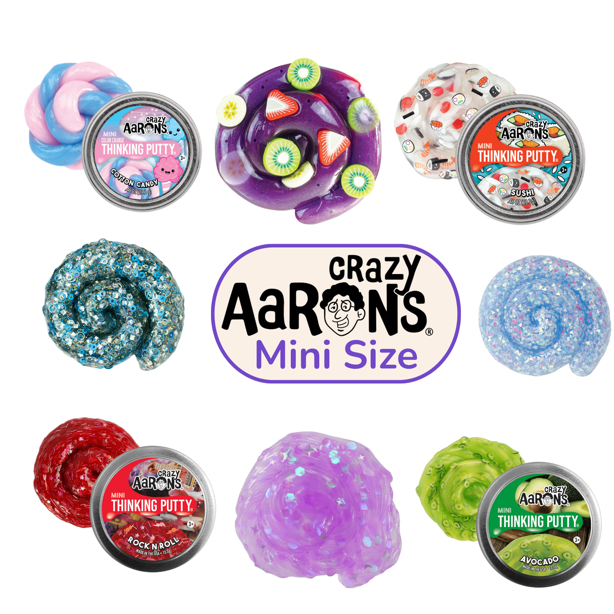 Crazy Aaron's Mini Thinking Putty range showing Cotton Candy, Sushi, Rock N Roll, Avocado and glitter variants with their tins