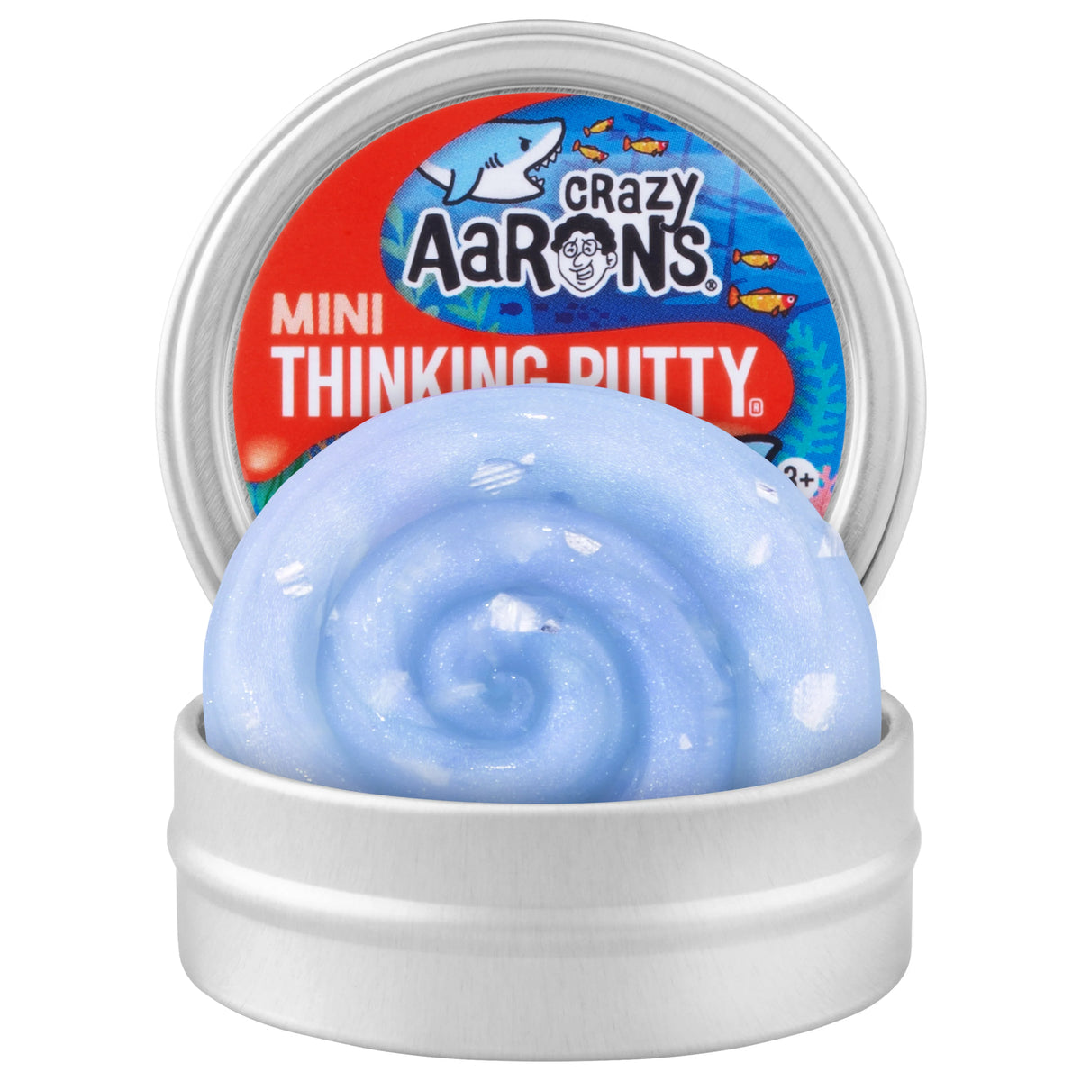Blue thinking putty in a container with Crazy Aaron's branding on a white background