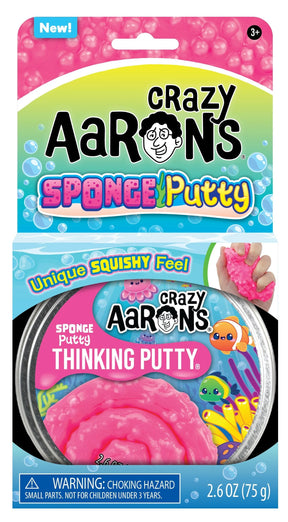Crazy Aaron's Sponge Putty Thinking Putty shown in packaging with hot pink sponge-textured putty visible in open tin and hand squeezing putty inset