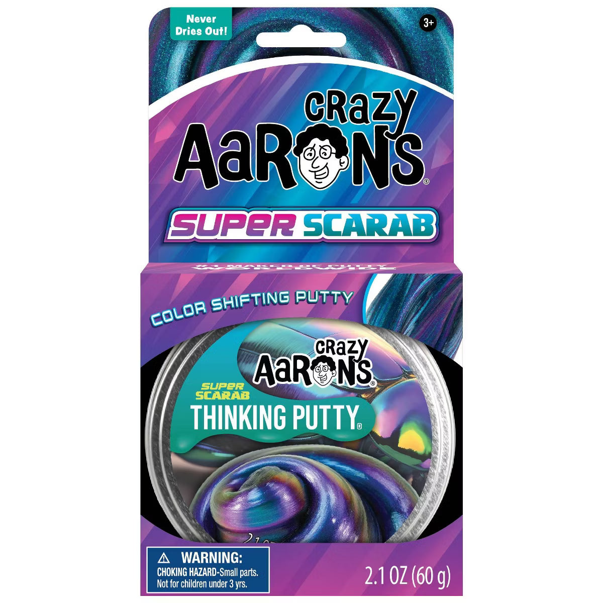 Crazy Aaron's Super Scarab Thinking Putty in its retail packaging, featuring a purple and blue color-shifting putty container with a cartoon logo on a white background.