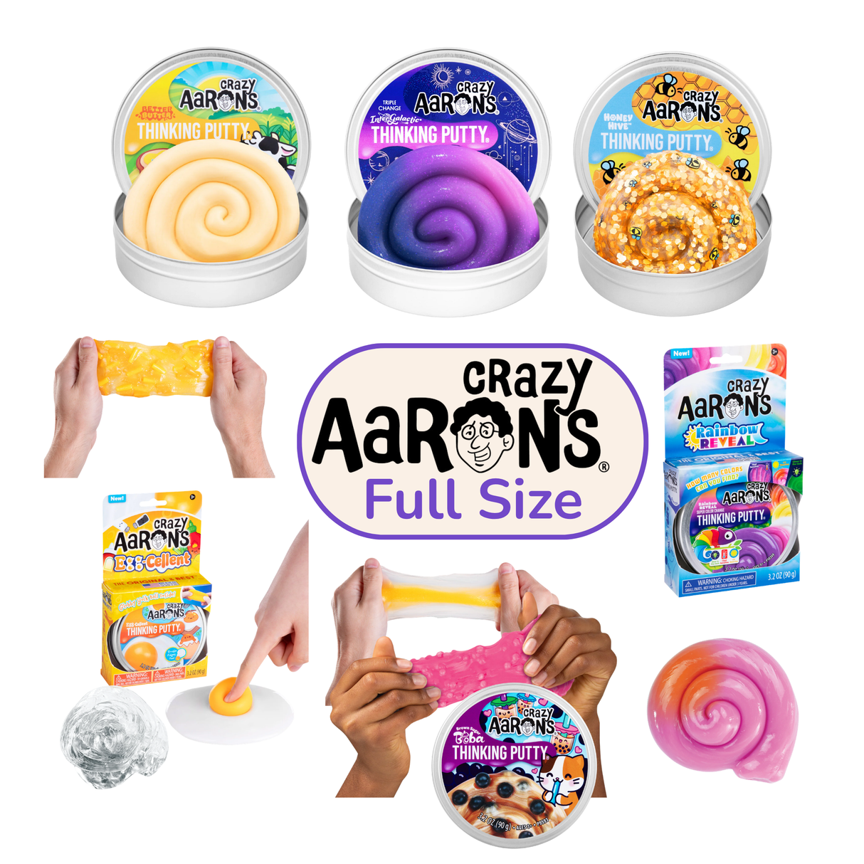 Selection of Crazy Aaron's Full Size Thinking Putty tins showing InterGalactic, Brown Sugar Boba, Better Butter, and Honey Hive variants alongside putty being stretched