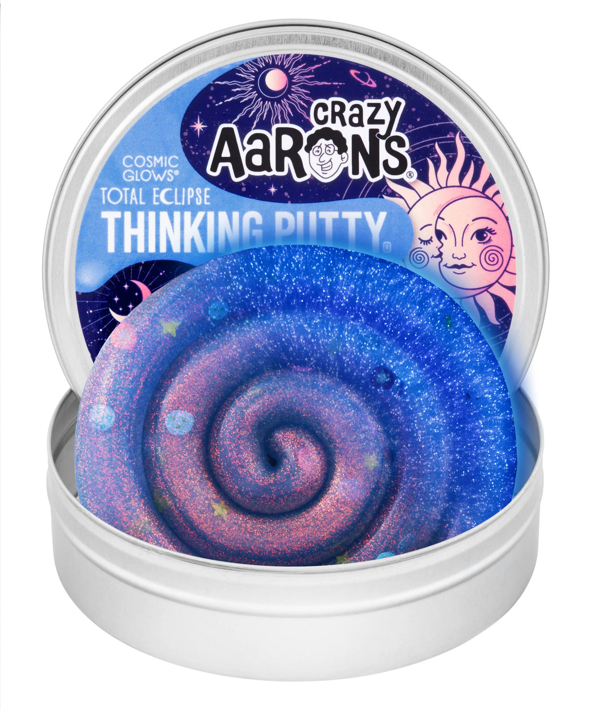 Crazy Aaron's Total Eclipse Cosmic Glows Thinking Putty open tin showing deep blue and purple iridescent glitter putty with planet confetti and celestial-themed lid artwork