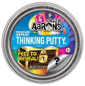 Unopened Crazy Aaron's Treasure Reveal Thinking Putty tin with peel to reveal treasure chest label