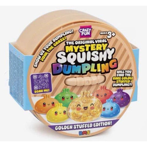 Crazy Fun Mystery Squishy Dumpling Golden Stuffed Edition round packaging box showing the range of colours and the rare golden dumpling