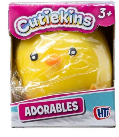 Cutiekins Adorables yellow chick squish and stretch sensory toy shown boxed
