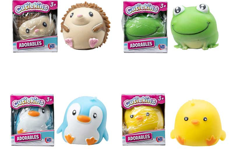 Four Cutiekins Adorables sensory toys boxed together: hedgehog, frog, penguin and chick