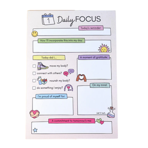Daily Focus self-care notepad full view on white, anxiety-friendly daily planner