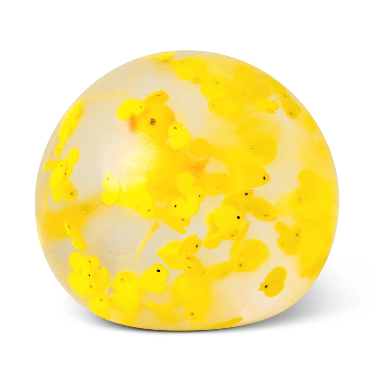 Close-up of the clear duck squish ball showing yellow polymer clay duck slices and resin duck floating inside