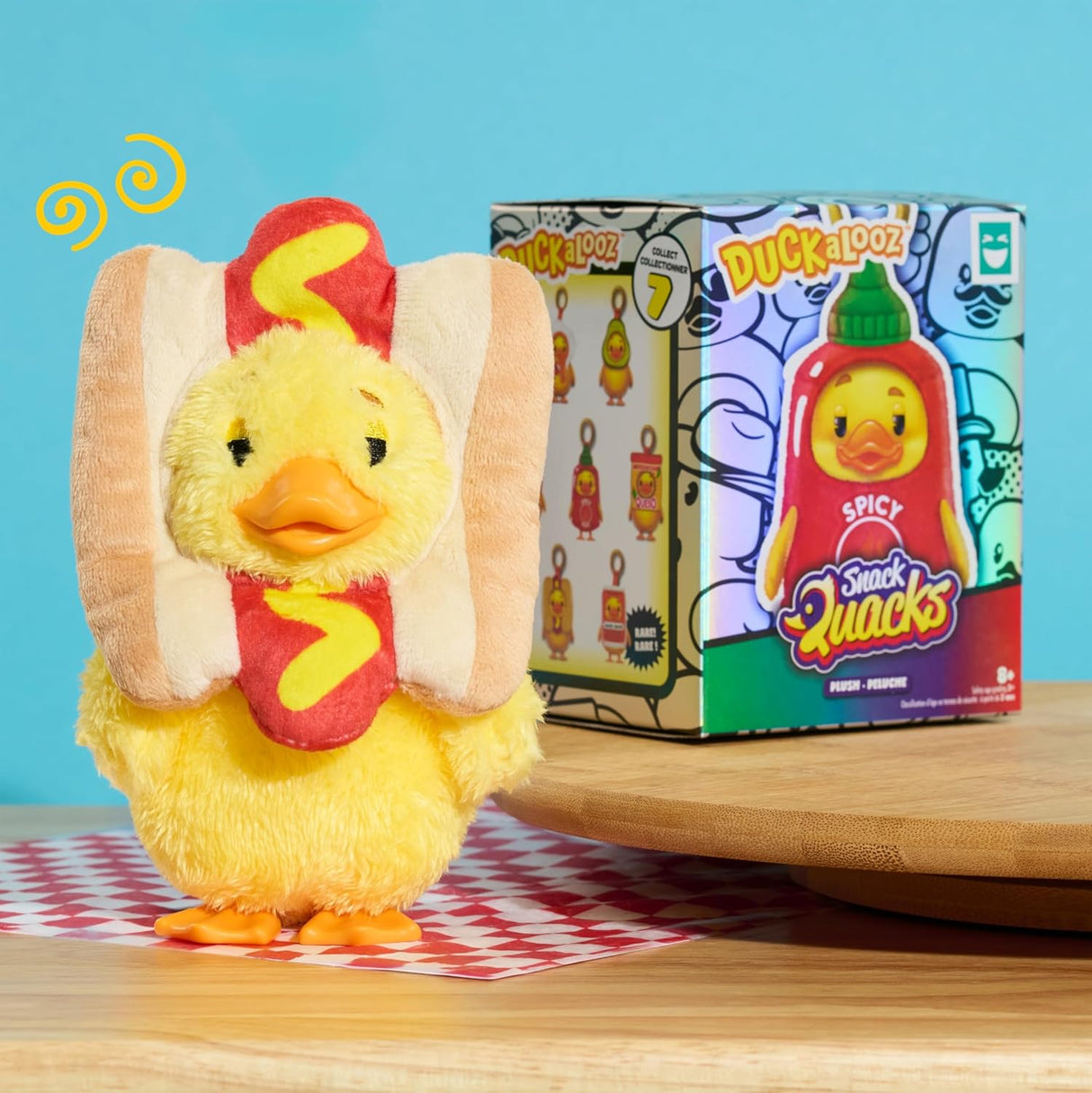 Duckalooz Duck Dog plush duck clip-on toy in hot dog costume, collectible sensory plush
