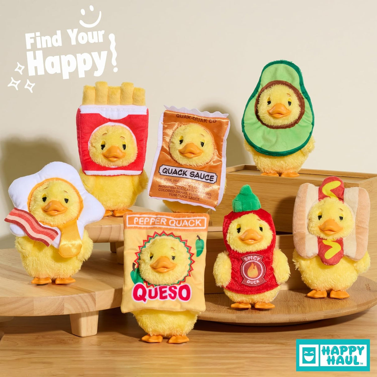 Six Duckalooz Snack Quack plush ducks in fries avocado bacon egg and hot dog costumes
