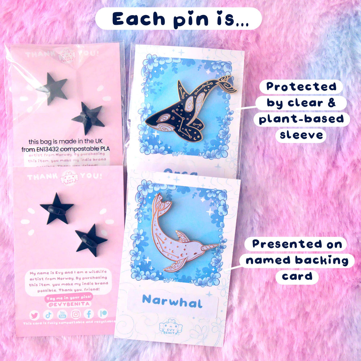 Evy Benita Arctic Nova Orca enamel pin showing eco packaging and backing card details