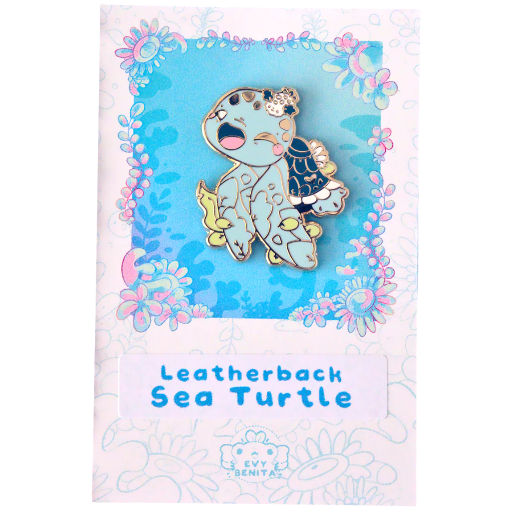 Evy Benita Leatherback Sea Turtle enamel pin on floral backing card, white background