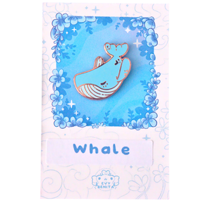 Evy Benita Lullaby Sky Whale enamel pin on floral backing card, white background