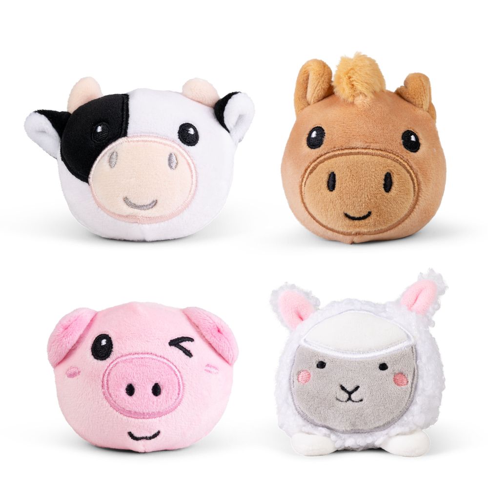 Full collection of four farm animal squishy plush sensory toys showing cow, horse, pig and sheep designs on white background