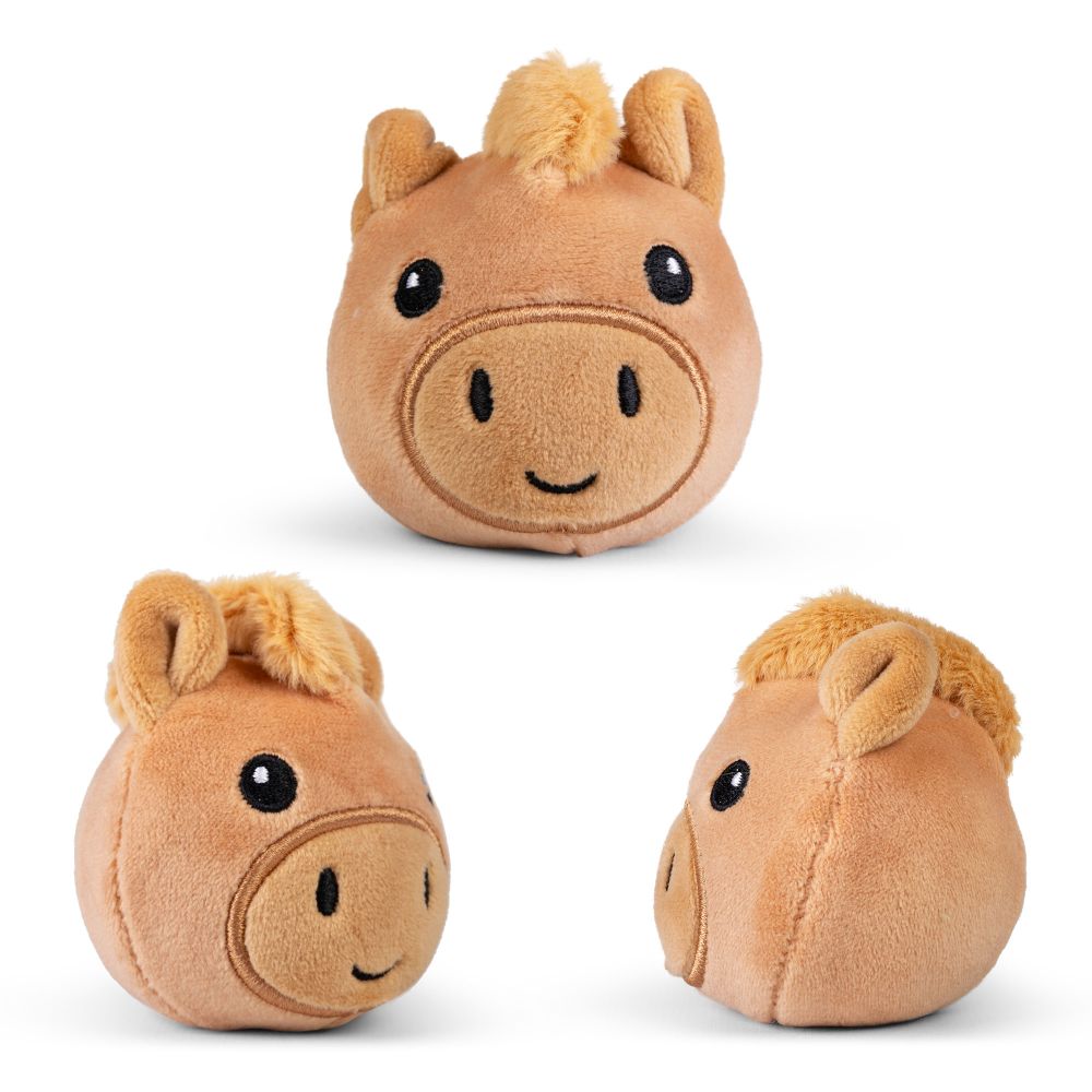 Farm animal squishy plush horse sensory toy shown from front and two side angles on white background