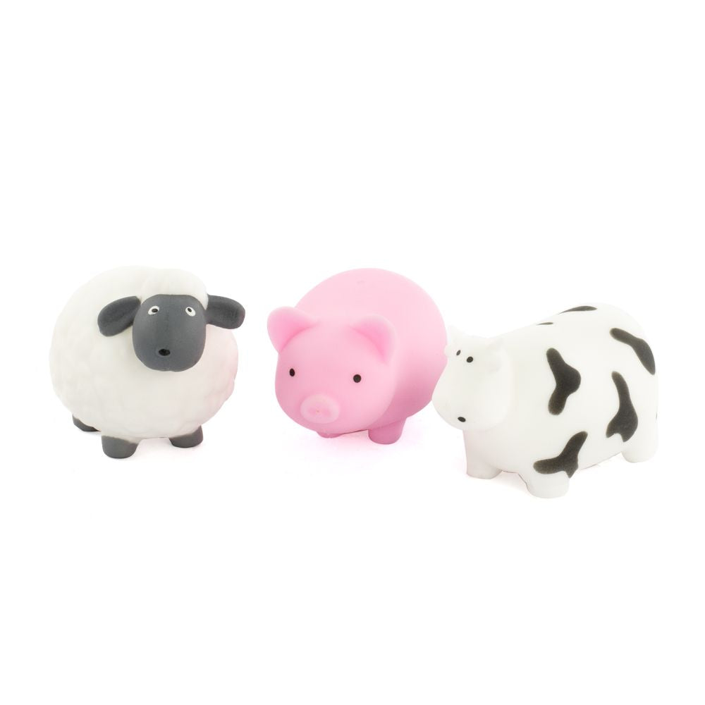 Farm Squeezies full collection of three squishy sensory toys showing sheep, pig and cow on white background