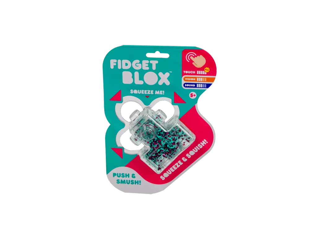 Fidget Blox glitter teal squishy sensory fidget toy in packaging