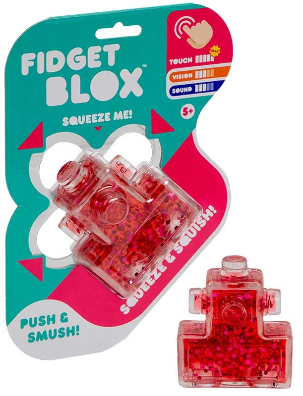 Fidget Blox Touch red glitter squeeze and smush squishy sensory fidget toy on packaging