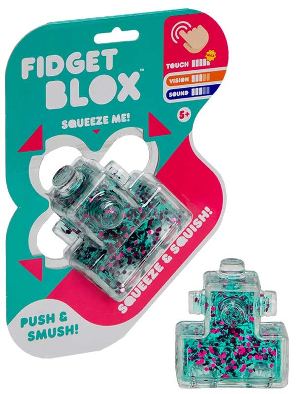 Fidget Blox Touch teal and pink mixed glitter squeeze squishy sensory fidget toy on packaging
