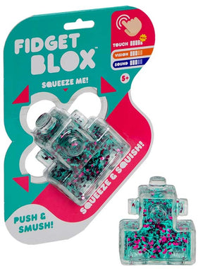 Fidget Blox Touch teal and pink mixed glitter squeeze squishy sensory fidget toy on packaging